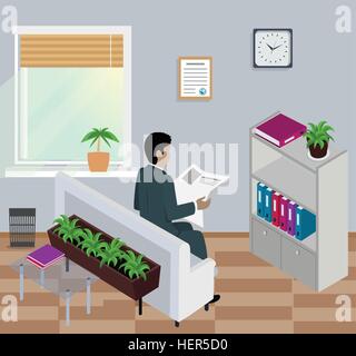 Isometrische Mann liest Zeitungsdesign flach. 3D Mann mit Zeitung, Leser lesen Zeitung, junger Mann sitzen, Business-Mann lesen Stock Vektor