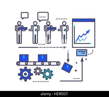 Analyse der Produktion von flachen Stil-Ikone. Industrieentwicklung, Management und Forschung, Idee Technologie, Prozess und Stock Vektor