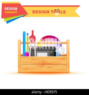 Design-Tools in Holzbox Grafiktablett. Design, Werkzeug und Grafik-design Design-Elemente, Werkzeuge, Grafik, Bleistift und Kunst-tools Stock Vektor