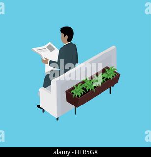 Isometrische Mann liest Zeitungsdesign flach. 3D Mann mit Zeitung, Leser lesen Zeitung, junger Mann sitzen, Business-Mann lesen Stock Vektor