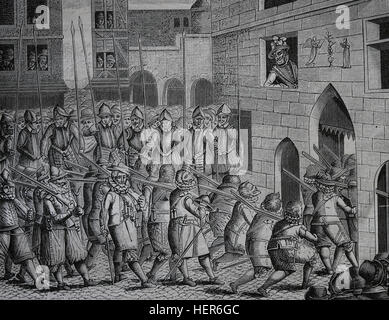 Französischen Religionskriege 1562-1585, acht Krieg 1585-1598. König Henry IV von Frankreich gerade dem Weggang von den Spaniern aus Porte Saint-Denis. Stockfoto
