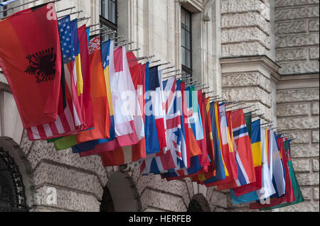 Internationale Fahnen, Neue Burg, Hofburg Palast, Wien, Österreich Stockfoto