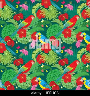 Nahtloses Muster mit Palmen Blätter, Frangipani-Blüten und blau gelb und rot-blau-Ara Papageien. Element für den Sommer, Stock Vektor