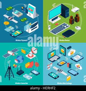 Wireless-Technologien isometrische festgelegt. Wireless-Technologien design Konzept Set mit Zahlung und Daten Austauschgeräte isometrische Stock Vektor