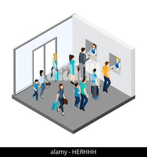 Unterirdische Menschen isometrischen Abbildung. U-Personen mit Gepäck und in die Warteschlange für Tickets isometrische Vektor-illustration Stock Vektor