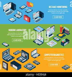 Telemedizin isometrische Banner. Telemedizin horizontale Banner set mit Computer Labor isometrische Elemente isoliert Vektor Stock Vektor