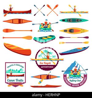 Rafting, Kanu- und Kajak-Elemente festlegen. Kanu-Trails und rafting Club-Emblem mit kayaking Ausrüstung Elemente flach Symbole Stock Vektor