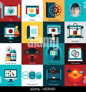 Prototyping und Modellierung von Icons. 3D Technologie flache Symbole gesetzt für das Prototyping mit Laserdrucker Scanner 3d und CAD-Modellierung Stock Vektor