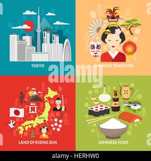 Japan Konzept Icons Set. Japan Konzept Icons set mit Tokio und Japanisch Essen Symbole flache isoliert Vektor-illustration Stock Vektor