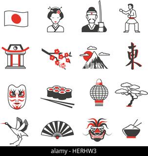 Japan rot schwarz Icons Set. Schwarze Symbole Japan rot set mit Kultur und Traditionen Symbole flache isoliert Vektor-illustration Stock Vektor