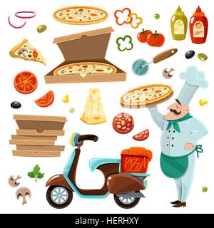 Pizza-Cartoon-Satz.  Pizza-Cartoon set mit Gemüse-Käse und Pilzen isoliert Vektor-illustration Stock Vektor
