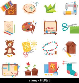 Hobbys Symbole festgelegt. Hobbys gestellten flachen Symbole mit Nähen Origami machen und Sicken isoliert Vektor-illustration Stock Vektor