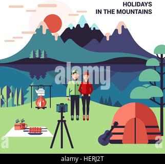 Camping In Bergen-Vektor-Illustration. Camping im Gebirge flachen Vektor-Illustration mit Personen Zelt Lagerfeuer und Berg Stock Vektor