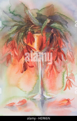 Rote Blumen in Vase Aquarell Stockfoto