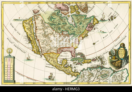 Amerika Borealis. Karte von Nordamerika, Kalifornien als eine Insel zu zeigen. Von Heinrich Scherers Geographia Ortskoordinaten eines sieben Datenträgersatz namens Atlas Novus, 1702 bis 1710 erstmals veröffentlicht.  Die 180 Karten in der Auflistung bereit waren wahrscheinlich um 1699-1700. Diese besondere Karte datiert 1699 in der Kartusche. Stockfoto