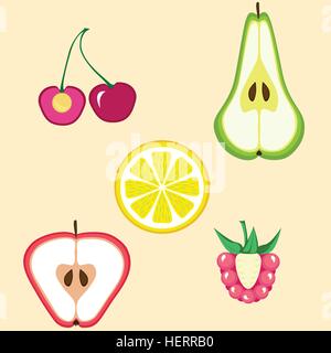 Früchte und Beeren in Scheiben geschnitten. Vektor für Muster Stock Vektor