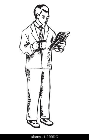 Geschäftsmann lesen Zeitung und Kaffee zu trinken, hand gezeichnete Doodle, skizzieren im Pop-Art-Stil, Vektor Stock Vektor