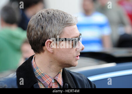 Martin Freeman, der Arzt John Watson spielt in BBC zeigen Sherlock Dreharbeiten in Süd-Wales, Cardiff, UK. Stockfoto