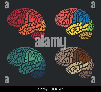 Isolierte abstrakt bunt Gehirn Logo-Sammlung. Menschlichen zerebralen Hemisphären Schriftzug auf schwarzem Hintergrund. Stock Vektor