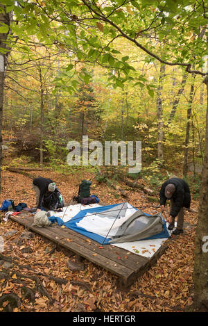 Backpackers Einrichtung ein Zelt auf einer Zeltplattform in Little Rock Teich in Green Mountain National Forest, Vermont. Stockfoto