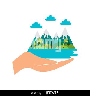 weißen Hintergrund mit Berge Landschaft Symbol übergeben. farbenfrohes Design. Vektor-illustration Stock Vektor