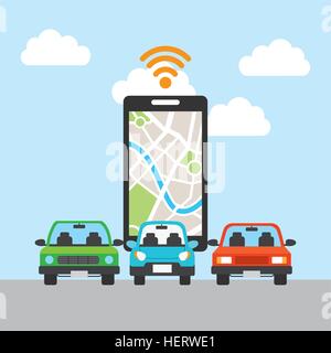 Smartphone und autonome Autos Symbol über Himmelshintergrund. farbenfrohes Design. Vektor-illustration Stock Vektor