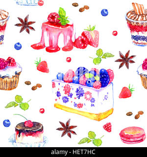 Süße Desserts mit Beeren. Hand gezeichnet Aquarell Musterdesign weißen isoliert Stockfoto