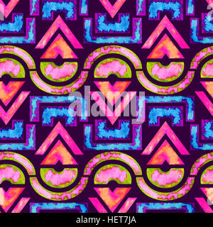 Hellen Aquarell geometrische abstrakte afrikanische Musterdesign auf dunklem Hintergrund (Pink/grün/blau) Stockfoto