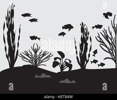 Silhouetten von Fische und Algen im aquarium Stock Vektor