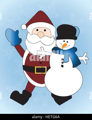 Vektor-Illustration von Santa und Schneemann auf Schneeflocke Hintergrund Stock Vektor