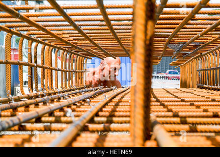 Bissone, Schweiz - 29. Juli 2010: Arbeitskraft binden Bewehrung für Bau Stockfoto