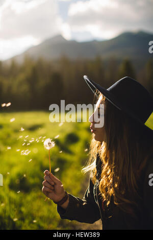 Frau bläst Löwenzahnsamen, Rocky Mountain Nationalpark, Colorado, USA Stockfoto