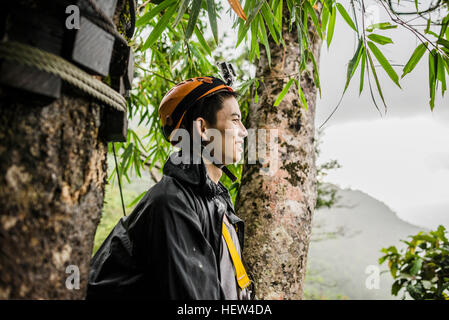 Junger Mann von Baum tragen Kletter Helm wegsehen, Ban Nongluang, Champassak Provinz, Paksong, Laos Stockfoto