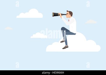 Geschäftsmann, sitzen auf einer Wolke mit Teleskop Stock Vektor