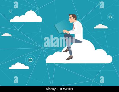 Business-Mann mit einem Tablet sitzen auf einer Wolke mit social media Stock Vektor