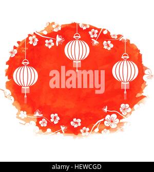 Illustration Aquarell Hintergrund mit Blossom Sakura Blumen und Laternen - Vektor Stock Vektor