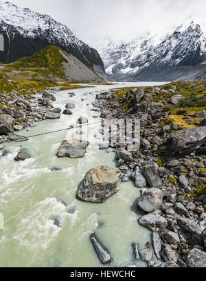 Mit Blick auf Mueller-See, aus dem Hooker Valley Track mit Mount Sefton in der Ferne. Mount Cook - Neuseeland Stockfoto