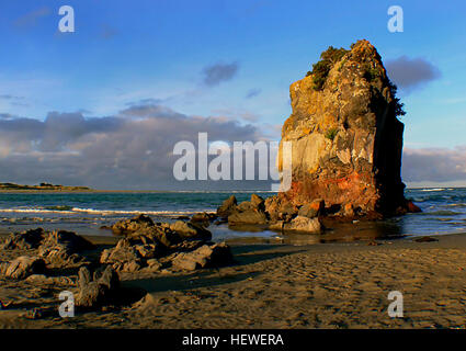 Rapanui, besser bekannt als The Shag Rock oder einfach "Shag Rock" war eine bemerkenswerte Meer-Stack die Stand am Eingang des Avon Heathcote Mündung in der Nähe von Christchurch, Neuseeland. Stockfoto