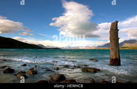 Lake Tekapo ist ein Fotograf, der Traum wird wahr. Die schneebedeckten Berge, türkisblauen See und schönen kleinen Kirche werden Sie fesseln. Karte ist Lake Tekapo etwa drei Stunden Autofahrt südwestlich von Christchurch im Mackenzie-Becken zu erweitern. Die Gemeinde nach Norden über den bemerkenswerten Türkis farbigen See auf das bergige Drama der Südalpen ausgerichtet. Lake Tekapo erhält seine intensive milchig Türkis Farbe aus der feinen-Gesteinsmehl (Masse von Gletschern) die aufgehängt ist im Wasser. Stockfoto