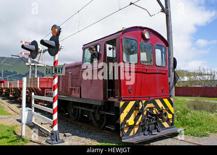 Die ab 1936 gebauten Diesel-Rangierlokomotiven der neuseeländischen TR-Klasse wurden für den Eisenbahnbetrieb eingesetzt. Einige davon sind weiterhin in Betrieb, mit variierender Motorleistung, darunter Hitachi TRs aus Japan mit Cummins-Motoren. Stockfoto