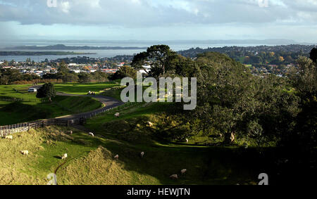 Maungakiekie, auch bekannt als One Tree Hill, ist ein bedeutender vulkanischer Gipfel in Auckland, Neuseeland, mit Panoramablick auf die Stadt und die Umgebung. Es hat kulturelle Bedeutung sowohl für Maori als auch für nicht-Maori-Neuseeländer. Stockfoto