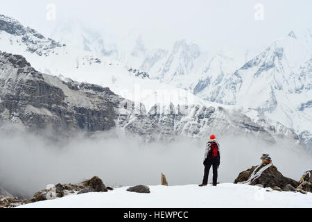 Frau, stehen, betrachten, Rückansicht, ABC Trek (Annapurna Base Camp Trek), Nepal Stockfoto