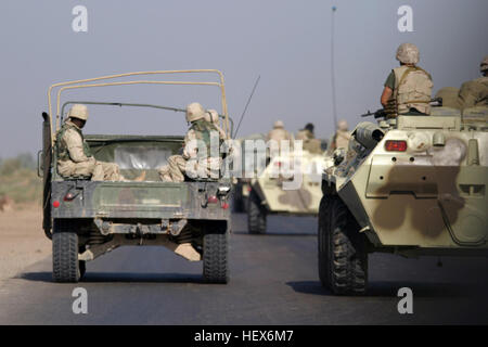 US Marine Corps Reserve (USMCR) Marines (links), Kilo/Unternehmen, 3. Bataillon zugewiesen, 23. Marineregiment (Kilo 3/23), 4th Marine Division an Bord ein High Mobility Multipurpose Wheeled Vehicle (HMMWV) und die ukrainische Armeesoldaten an Bord BRT-80A (8 x 8) gepanzerte Mannschaftswagen (APC), Reisen Sie entlang einer Autobahn von Al Kut nach als Suwayrah, Irak, während der Operation IRAQI FREEDOM. Ukrainische Militär im Irak Stockfoto