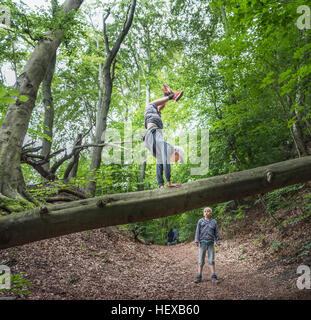 Junge im Wald machen Handstand auf umgestürzten Baum Stockfoto