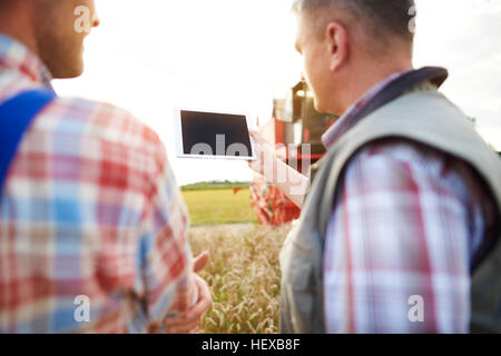 Rückansicht des Bauern im Weizenfeld Blick auf digital-Tablette Stockfoto