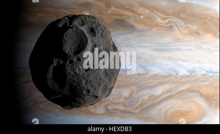 Amalthea ist ein Mond des Jupiter, die dritte am nächsten an den Planeten bei 181365 km (ca. 2,6 Jupiter Radien vom Zentrum des Planeten). Bei nur 250 km Durchmesser an der breitesten Stelle ist seine Form nicht kugelförmig. Amalthea ist klein, wahrscheinlich einem erbeuteten Asteroiden. Stockfoto