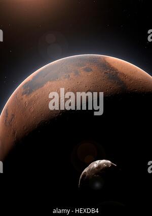 Einen Eindruck von den roten Planeten, Mars, der zweitkleinste Planet im Sonnensystem (nach Merkur). Seinem Innersten Mond Phobos, sieht man im Vordergrund. Stockfoto