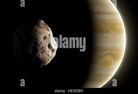 Amalthea ist ein Mond des Jupiter, die dritte am nächsten an den Planeten bei 181365 km (ca. 2,6 Jupiter Radien vom Zentrum des Planeten). Bei nur 250 km Durchmesser an der breitesten Stelle ist seine Form nicht kugelförmig. Amalthea ist klein, wahrscheinlich einem erbeuteten Asteroiden. Stockfoto