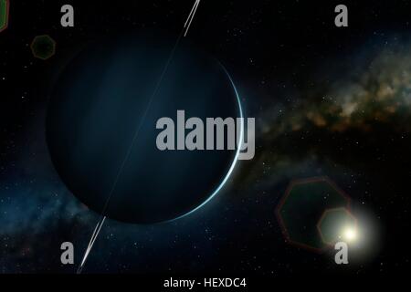 Einen Eindruck von den grünen Eis riesigen Planeten, Uranus. Uranus ist der siebte Planet in der Reihenfolge ihrer Entfernung von der Sonne umkreist in einer mittleren Entfernung von 2,85 Milliarden km. Es ist ungewöhnlich, dass es eine sehr blasse, fast strukturlose Atmosphäre und eine axiale Neigung in der Nähe von 100 Grad hat. Stockfoto