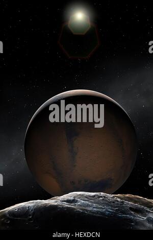 Einen Eindruck von den roten Planeten, Mars, der zweitkleinste Planet im Sonnensystem (nach Merkur). Seine äußerste Mond Deimos, sieht man im Vordergrund. Stockfoto